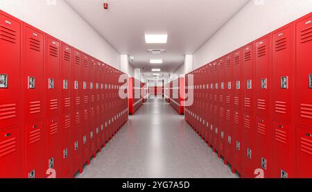 Il corridoio lungo gli armadietti rossi svuotano il 3d delle scuole superiori Foto Stock
