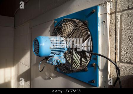 Un ventilatore industriale blu montato su una parete che proietta ombre sotto la luce solare intensa in un ambiente industriale. Foto Stock