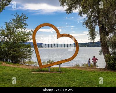 Radolfzell, Germania - 2 agosto 2024: Una grande scultura a cuore in legno si erge accanto al lago di Costanza, con due persone sullo sfondo che si godono la vista. Foto Stock