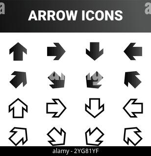 mostra varie icone a freccia disposte in quattro righe e quattro colonne. Ogni icona è costituita da semplici forme geometriche come triangoli, disposte per formare una freccia Illustrazione Vettoriale