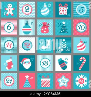 Illustrazione vettoriale disegnata a mano. Calendario dell'avvento di Natale con elementi per le festività invernali in blu, bianco e rosso Illustrazione Vettoriale