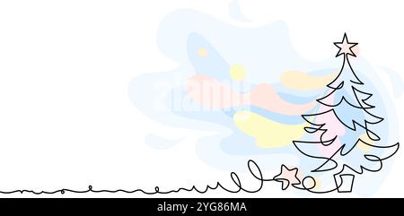Decorazione natalizia. Abeti di pino con stelle e regali. Disegno continuo su una linea Illustrazione Vettoriale