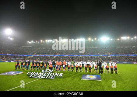 Brugge, Belgio. 6 novembre 2024. Entrambe le squadre si schierano in vista di una partita di calcio tra il belga Club Brugge KV e l'inglese Aston Villa nella fase 4 della UEFA Champions League League della stagione 2024-25, mercoledì 6 novembre 2024 a Brugge, Belgio . Crediti: Sportpix/Alamy Live News Foto Stock