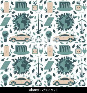 Eco pattern senza cuciture con icone di energia verde. Illustrazione Vettoriale