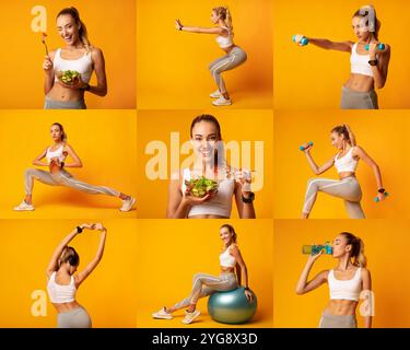 Una giovane donna si impegna in una serie di allenamenti mentre mette in mostra pasti sani Foto Stock