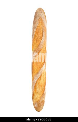 Pane appena sfornato orientato verticalmente, isolato. Baguette di pane francese. Foto Stock