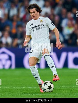 Madrid, Spagna. 6 novembre 2024. Fran Garcia del Real Madrid CF durante la partita di UEFA Champions League tra Real Madrid e AC Milan giocata allo stadio Santiago Bernabeu il 5 novembre 2024 a Madrid, Spagna. (Foto di Cesar Cebolla/PRESSINPHOTO) credito: PRESSINPHOTO SPORTS AGENCY/Alamy Live News Foto Stock