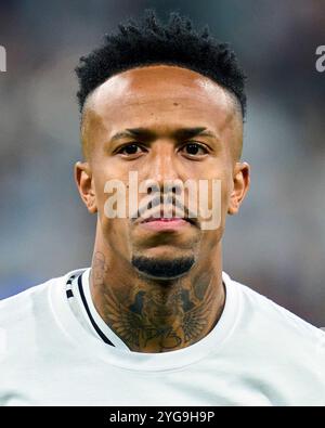Madrid, Spagna. 6 novembre 2024. Eder Militao del Real Madrid CF durante la partita di UEFA Champions League tra il Real Madrid e l'AC Milan giocata allo stadio Santiago Bernabeu il 5 novembre 2024 a Madrid, Spagna. (Foto di Cesar Cebolla/PRESSINPHOTO) credito: PRESSINPHOTO SPORTS AGENCY/Alamy Live News Foto Stock