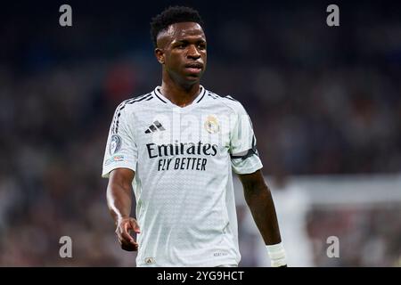 Madrid, Spagna. 6 novembre 2024. Vinicius Junior del Real Madrid CF durante la partita di UEFA Champions League tra Real Madrid e AC Milan giocata allo stadio Santiago Bernabeu il 5 novembre 2024 a Madrid, Spagna. (Foto di Cesar Cebolla/PRESSINPHOTO) credito: PRESSINPHOTO SPORTS AGENCY/Alamy Live News Foto Stock