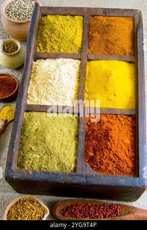 Spezie, cumino, zenzero, curry, paprika, curcuma, peperoncino. In barattoli, coriandolo, cumino, garam masala, zafferano, semi di aneto Foto Stock