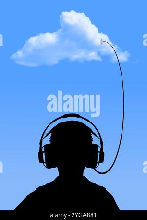 Un ragazzo o un uomo che indossa le cuffie è collegato al cloud sopra in un'illustrazione sull'archiviazione su cloud di musica e dati. Foto Stock