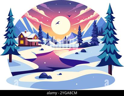 Affascinante illustrazione vettoriale del Winter Village con case accoglienti in un paesaggio panoramico di montagna innevata, con un ambiente naturale sereno sullo sfondo Illustrazione Vettoriale