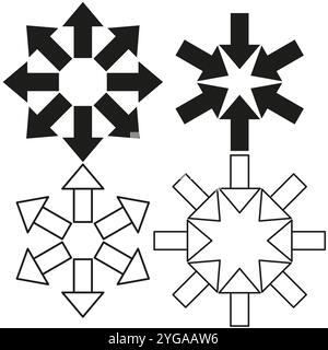 Icona freccia. Simbolo di direzione circolare. Vettore di orientamento multiplo. Forma in bianco e nero. Illustrazione Vettoriale