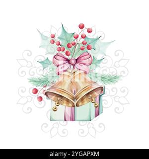 Campana dorata con acquerello natalizio, con foglie verdi di agrifoglio, frutti di bosco rossi e abete. Regalo con fiocco rosso, scatola verde per festeggiare. Isolato Illustrazione Vettoriale