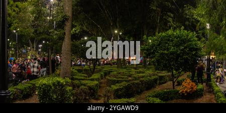 La gente si riunisce a Jardín Hidalgo di notte per una celebrazione del giorno dei morti, circondata da alberi, vegetazione e decorazioni festose. Día de los Muertos Foto Stock