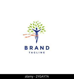 Design del logo del nastro a lamina delle persone. Silhouette umana con foglie e nastri intorno al design del logo del corpo. Illustrazione Vettoriale