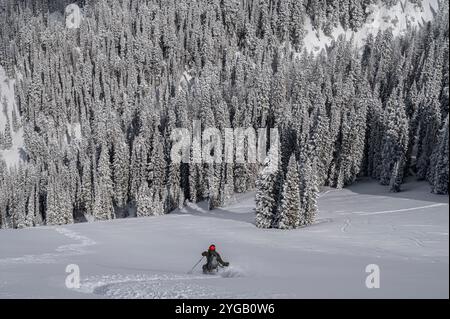 Stati Uniti, Wyoming. A Teton Backcountry, gli sciatori amano la neve fresca Foto Stock