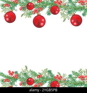 Cornice quadrata di rami verdi di abete rosso, tuja, frutti di bosco, palle di Natale rosse. Illustrazione ad acquerello disegnata a mano di elementi botanici invernali Foto Stock