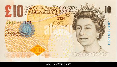Fronte di banconote da 10 sterline inglesi con ritratto della regina Elisabetta II Foto Stock