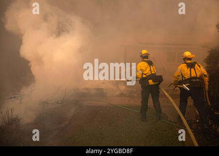 Camarillo, Stati Uniti. 6 novembre 2024. I vigili del fuoco LAFD spengono il On Coming Mountain Fire. Il fuoco di montagna si accende attraverso Camarillo con l'aiuto dei venti di Santa Ana. L'incendio ha bruciato più di 10.500 acri con contenimento dello 0%. (Foto di Jon Putman/SOPA Images/Sipa USA) credito: SIPA USA/Alamy Live News Foto Stock