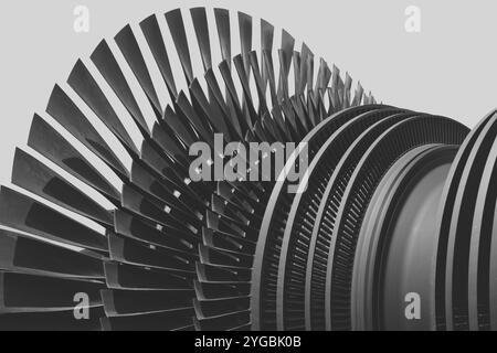 Pale per turbine, High Precision Advance Engineering. Grandi strati di pale della ventola rotore in acciaio in motori a getto o centrali elettriche a vapore. Foto Stock