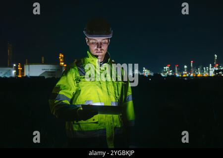 Ingegnere del turno di notte, servizio di raffineria di petrolio e gas, lavoratore di sesso maschile, duro lavoro negli impianti dell'industria petrolifera, sfondo scuro. Foto Stock