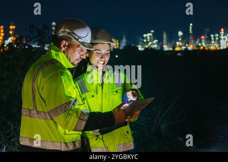 Tecnico del turno di notte addetto all'assistenza alle raffinerie di petrolio e gas lavora sodo negli impianti dell'industria petrolifera sfondo sfocato chiaro. Foto Stock