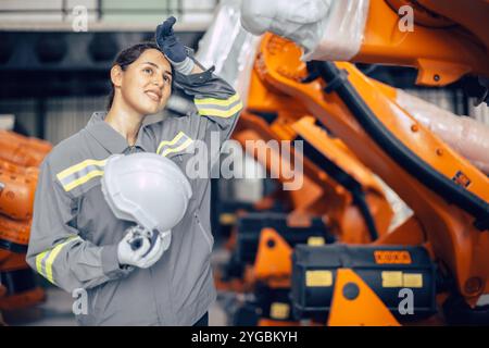Ingegnere stanca e stanca lavora sodo in una moderna fabbrica robotica. Lavoratrice indiana del personale presso l'impianto di assemblaggio del braccio robotico. Foto Stock