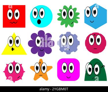 Set di volti divertenti in stile cartoni animati, isolati su uno sfondo bianco Illustrazione Vettoriale