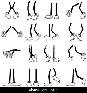 Set di gesti per piedi e gambe in cartone animato in bianco e nero isolati su uno sfondo bianco Illustrazione Vettoriale