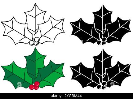 Set di vettori festivi Holly nelle versioni in bianco e nero e a colori isolate su sfondo bianco Illustrazione Vettoriale