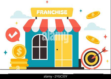 Illustrazione vettoriale della pubblicità in franchising con strategie commerciali e finanziarie per promuovere un franchising di successo in un contesto pianeggiante Illustrazione Vettoriale