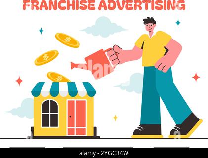 Illustrazione vettoriale della pubblicità in franchising con strategie commerciali e finanziarie per promuovere un franchising di successo in un contesto pianeggiante Illustrazione Vettoriale