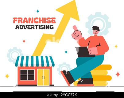 Illustrazione vettoriale della pubblicità in franchising con strategie commerciali e finanziarie per promuovere un franchising di successo in un contesto pianeggiante Illustrazione Vettoriale