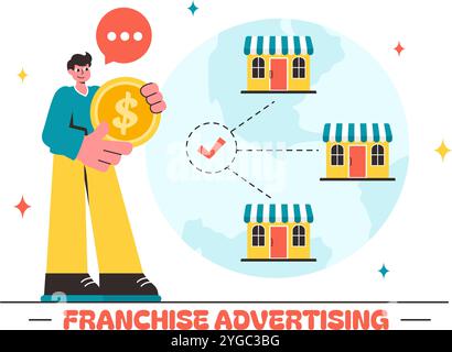 Illustrazione vettoriale della pubblicità in franchising con strategie commerciali e finanziarie per promuovere un franchising di successo in un contesto pianeggiante Illustrazione Vettoriale