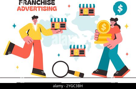 Illustrazione vettoriale della pubblicità in franchising con strategie commerciali e finanziarie per promuovere un franchising di successo in un contesto pianeggiante Illustrazione Vettoriale