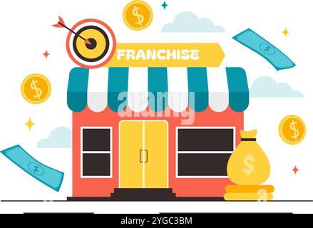 Illustrazione vettoriale della pubblicità in franchising con strategie commerciali e finanziarie per promuovere un franchising di successo in un contesto pianeggiante Illustrazione Vettoriale