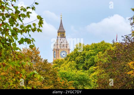 Vista della torre dell'orologio del Big Ben sopra gli alberi del parco verde. Londra, Inghilterra Foto Stock