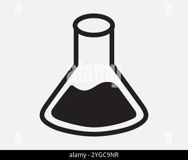 Becher in vetro da laboratorio soluzione liquida di pozione chimica, biologia, esperimento scientifico, icona di test, segno, contorno della linea, vettore bianco nero Illustrazione Vettoriale