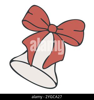 Immagine vettoriale delle feste con campana di Natale disegnata a mano con un fiocco, perfetta per decorazioni natalizie, biglietti d'auguri, etichette regalo e design stagionali Illustrazione Vettoriale