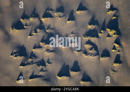 Vista dall'alto delle dune di sabbia nera di fronte al monte Vestrahorn. Penisola di Stokksnes, Hofn, Austurland, Islanda, Europa. Foto Stock