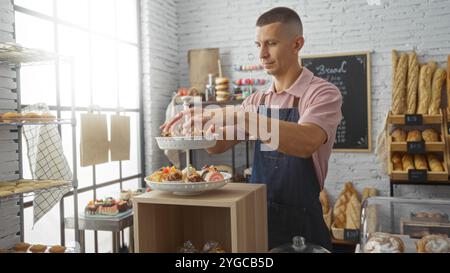 Giovane che lavora in panetteria, pasticceria fresca all'interno del negozio, mostrando un'attraente esposizione di pane e dessert Foto Stock