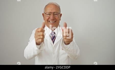 Sorridente anziano uomo caucasico con un camice da laboratorio bianco e occhiali che reggono i pollici davanti a uno sfondo bianco. Foto Stock