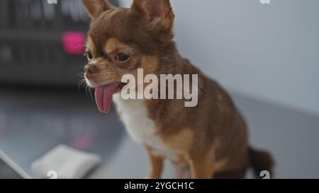 Un simpatico chihuahua con la lingua fuori si siede su un tavolo della clinica veterinaria, sembrando curioso e vigile. Foto Stock