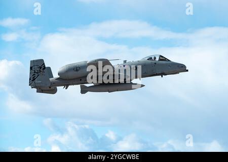 Un A-10 Thunderbolt II assegnato al 124th Fighter Wing, Boise, Idaho, decolla con un serbatoio carburante esterno per una missione Green Flag-West 25-02 a N Foto Stock