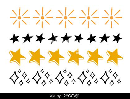 Set di tratti dei bordi dei bordi dei Suns Discribble Stars Suns Doodle Illustrazione Vettoriale