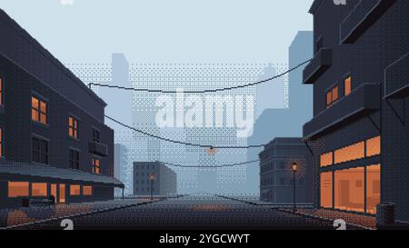 Pixel art Town Street in serata nebbiosa. Edifici con luce nelle finestre di fronte alla silhouette del paesaggio urbano. Sfondo per videogame retrò a 8 bit. V Illustrazione Vettoriale