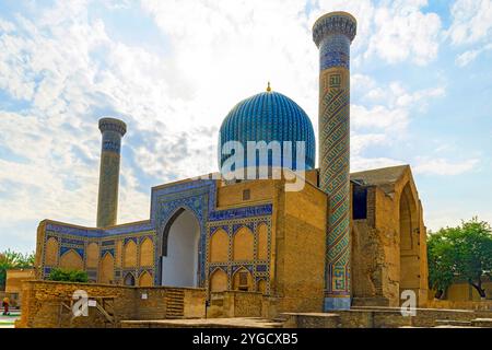 Vista dell'ensemble Muhammad Sultan. Mausoleo di Tamerlano (Mausoleo di Timur), Samarcanda, Uzbekistan. Foto Stock