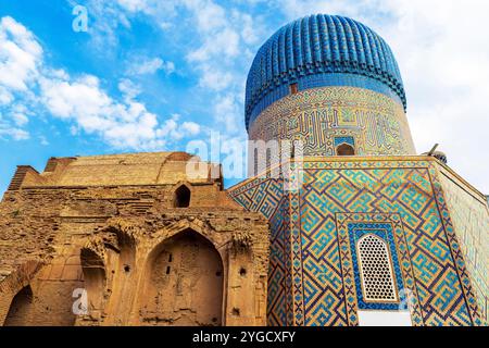 Vista dell'ensemble Muhammad Sultan. Mausoleo di Tamerlano (Mausoleo di Timur), Samarcanda, Uzbekistan. Foto Stock