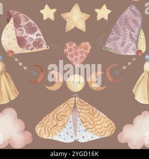 Boho Butterfly senza cuciture con nuvole e stelle su sfondo marrone chiaro. Affascinante illustrazione celeste ad acquerello disegnata a mano in morbido colore Foto Stock